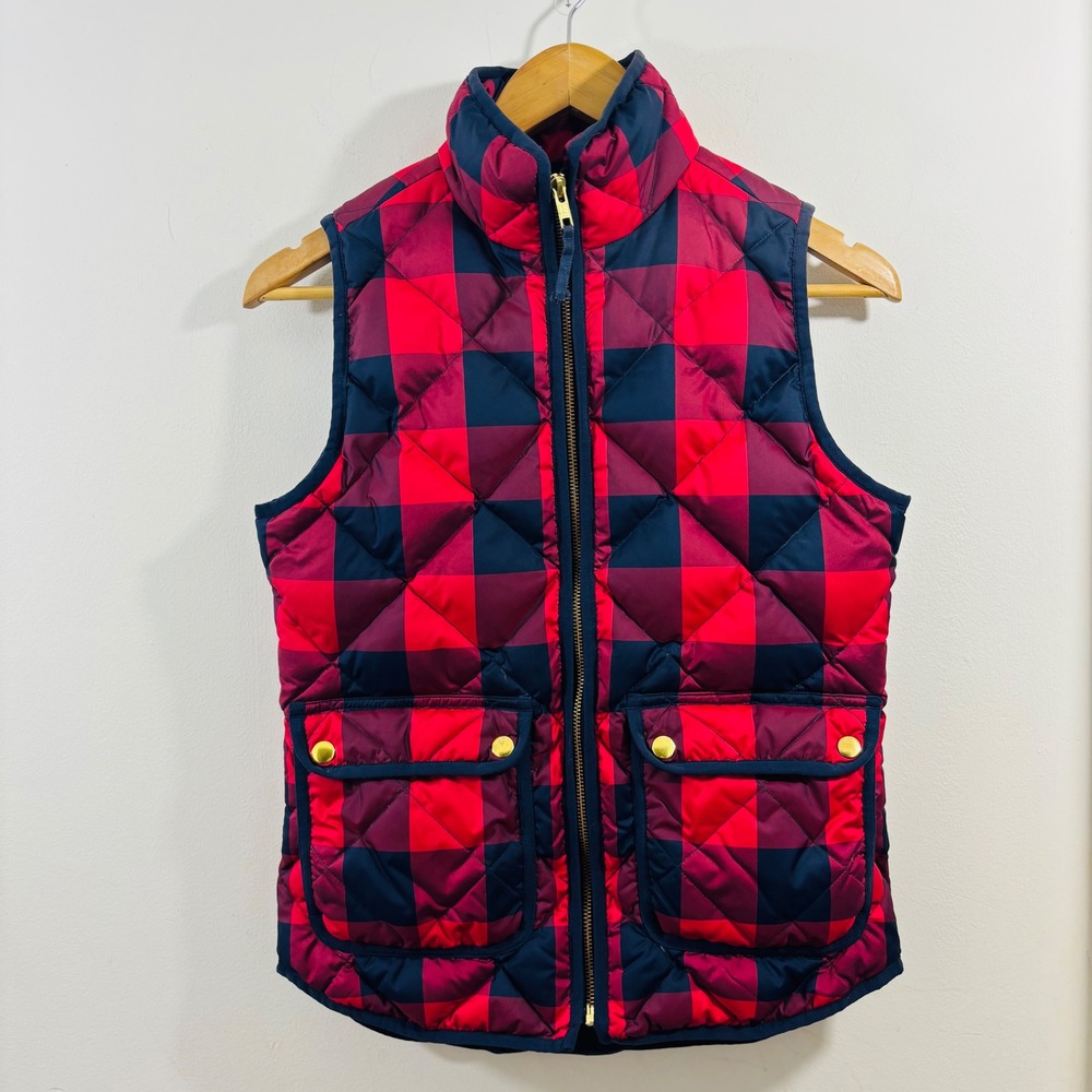 J. Crew Excursion Quilted Down Puffer Vest Red Navy Checker Pattern‎ XXS